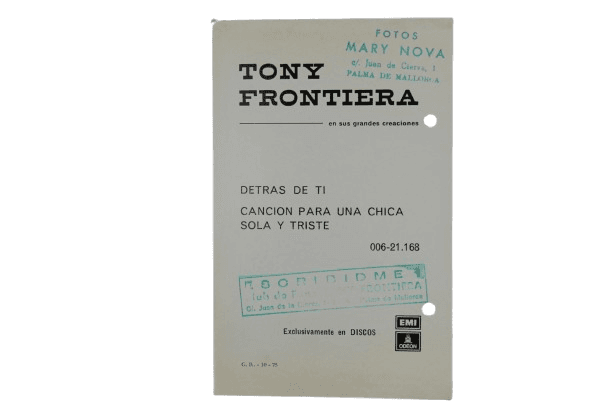 Tarjeta Publicitaria de Coleccionismo Musical de Tony Frontiera