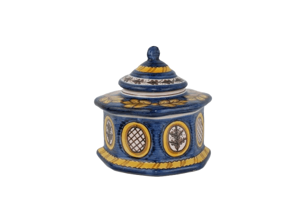 Tarro de ceramica azul con tapa estilo talavera