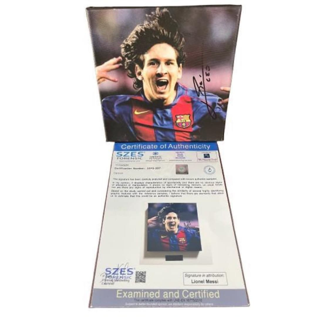 Cuadro de lienzo coleccionable de Lionel Messi con el F.C. Barcelona en actitud de celebración, incluye Certificado de Autenticidad (COA)