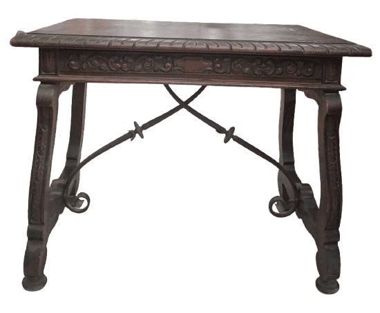 Mesa castellana antigua de patas de lira con fiadores de hierro forjado