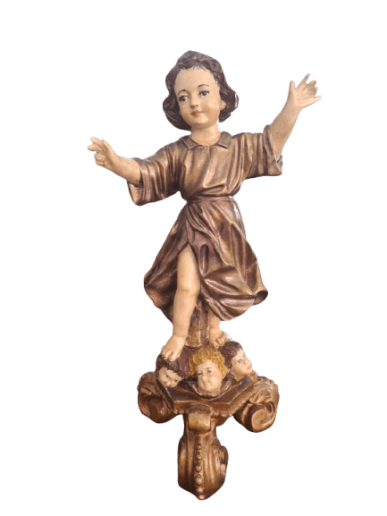 Antigua escultura del Divino Niño Jesús sobre nube con querubines y ménsula