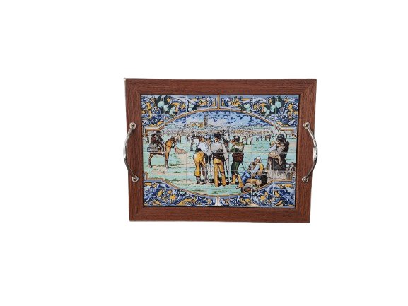 Antigua Bandeja de Madera y Azulejos – Mosaico Cerámico Costumbrista Vintage (C. 1960-1970)