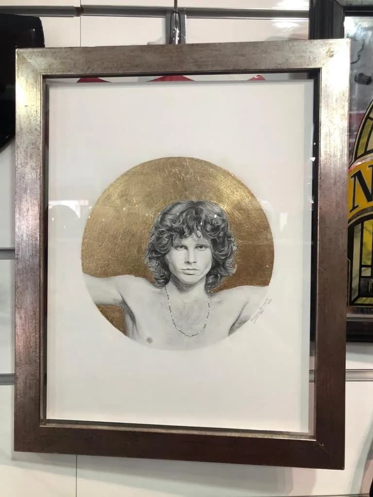 Cuadro Jim Morrison técnica mixta grafito y Oro.