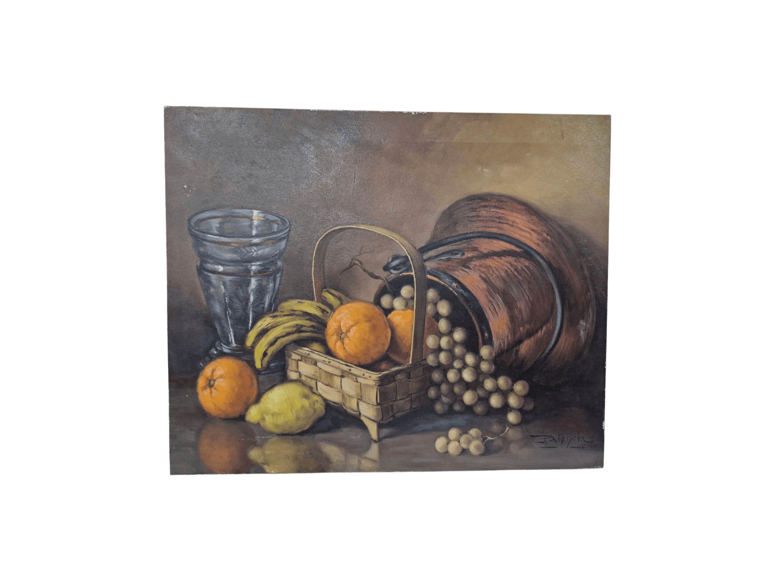 Bodegón al óleo con frutas y objetos