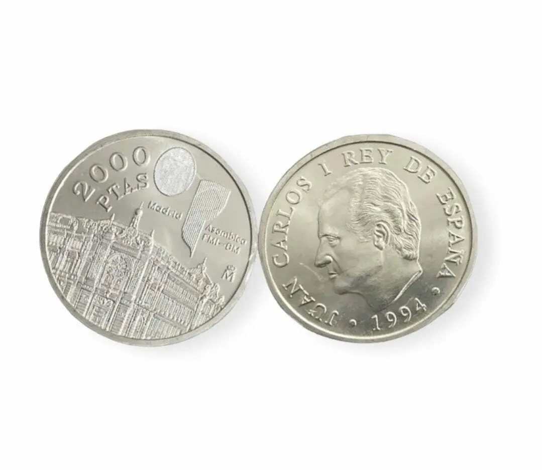 Moneda plata 2000 pesetas Juan Carlos I, año 1994 estuchada sin circular