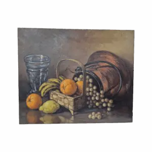 Bodegón al óleo con frutas y objetos