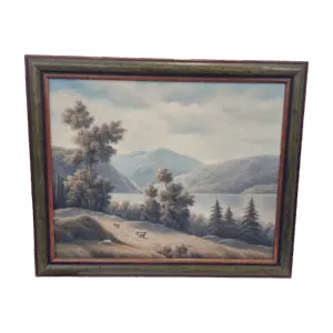 Paisaje al óleo enmarcado con ovejas y montaña